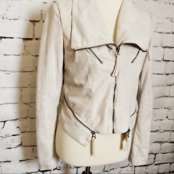 SOLEMIO Beige Vegan Suede Moto Jacket Size Large - Picture 6 of 16
